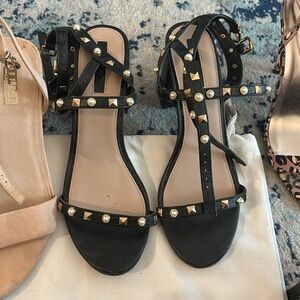 Miss Selfridge black and gold stud block heel strappy sandals